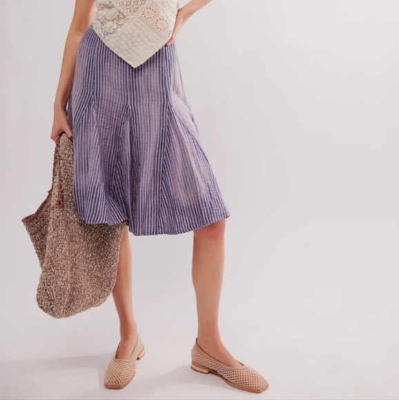 NEW Free People Pale Mauve Stripe Candace Midi Skirt - Picture 3 of 8